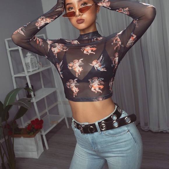 Cherub Sheer Long Sleeve Crop Top in Black - Picture 3 of 10